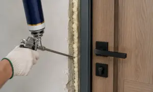 Ręka w rękawicy aplikuje piankę montażową, by wypełnić szczeliny w drewnie na zewnątrz, przy drzwiach.