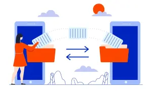 Ilustracja pokazuje, jak przenieść dane z telefonu na telefon. Kobieta wkłada dokumenty do folderu na jednym telefonie, a strzałki symbolizują transfer danych do drugiego telefonu.