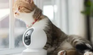 Un chat tigré, curieux, observe par la fenêtre, à côté d'une caméra de surveillance. Pourrait-il déclencher une alarme ?