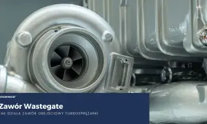 Turbosprężarka z widocznym wirnikiem i obudową. Tekst informuje: "Zawór Wastegate - jak działa zawór obejściowy turbosprężarki".