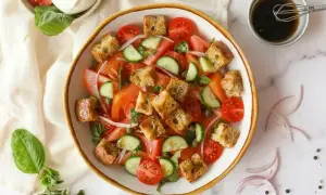 Ein frischer Brotsalat mit Tomaten, Gurken und Croutons. Ein tolles Rezept für einen leichten Sommergenuss.