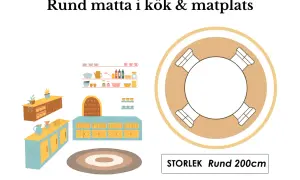 En rund matta i kök & matplats, 200 cm i diameter, passar perfekt under ett runt matbord med stolar.