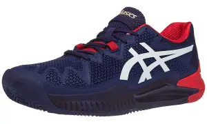 Scarpa da tennis blu e rossa Asics Gel Resolution 8 Clay, ideale per la terra battuta.