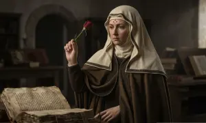 Święta Rita patronka w habicie, z różą w dłoni, przy księdze.