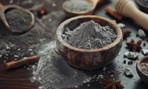 Szara ziemia okrzemkowa w drewnianych miseczkach, rozsypana na blacie. Uważaj, ziemia okrzemkowa niebezpieczna przy wdychaniu.