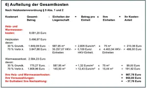 Aufstellung der Heiz- und Warmwasserkosten: Berechnung der Gesamtkosten, aufgeteilt nach Grundkosten und Verbrauchskosten.