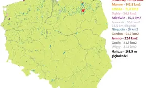 Mapa Polski z zaznaczonymi największymi jeziorami. Widać Śniardwy, Mamry i Łebsko, a także inne zbiorniki wodne.