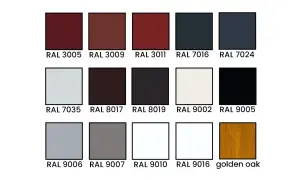Próbnik kolorów RAL dla arkusza blachy: odcienie czerwieni, brązu, grafitu, bieli, czerni, szarości i złoty dąb.