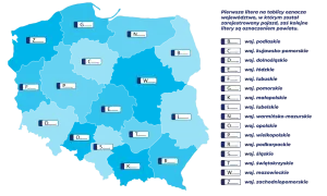 Mapa Polski z literami oznaczającymi województwa i powiaty, klucz do odczytania tablicy rejestracyjnej.