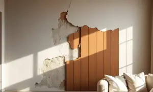 Une solution créative pour comment cacher un vilain mur intérieur : un panneau de bois chaleureux recouvre une partie abîmée, créant un contraste texturé.