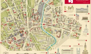 Mapa Bielska-Białej z zaznaczonymi atrakcjami dla dzieci i okolic. Znajdziesz tu m.in. Teatr Polski, Zamek i Muzeum, Kościół Marcina Lutra.