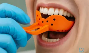 Dentysta w niebieskiej rękawiczce wprowadza pomarańczowy wycisk do ust, pokazując, jak się robi wycisk zębów do protezy.