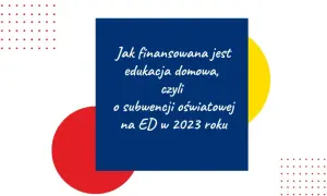 Niebieski prostokąt z tekstem o finansowaniu edukacji domowej na tle kolorowych kół i kropek.