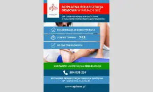 Grafika z napisem "Bezpłatna rehabilitacja domowa w ramach NFZ", ikonami i zdjęciem nogi pacjenta.