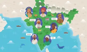 Mapa Indii z postaciami reprezentującymi języki: hindi, pendżabski, gudżarati, bengalski, orija, kannada i tamilski. Indie język urzędowy.