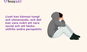 En person sitter hopsjunken med händerna över huvudet, en bild som kan symbolisera melankoli symtom. Texten lyder: "Livet kan kännas tungt och utmanande, och det kan vara svårt att vara social och att tänka utifrån andra perspektiv.