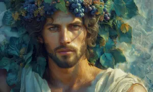 Dionysos, dieu du vin et des fêtes, couronné de raisins et de feuilles de vigne.