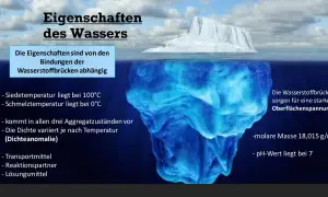 Eisberg zeigt die Eigenschaften von Wasser, darunter die Dichteanomalie, die durch Wasserstoffbrücken verursacht wird.