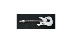 Biała gitara elektryczna Ibanez JEMJR-WH z czarnymi przetwornikami i ozdobnym gryfem. Idealna do rockowych riffów.