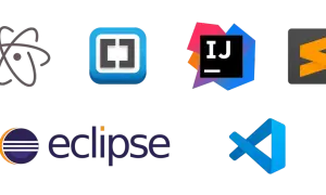 Logos d'IDE : Atom, Brackets, IntelliJ IDEA, Sublime Text, Eclipse, Visual Studio Code. Le meilleur IDE dépend de vos besoins.