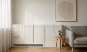 Elegancka zabudowa meblowa to sposób, jak zamaskować rury na ścianie. Minimalistyczny salon z sofą i stolikiem.