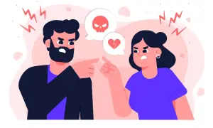 Pareja discutiendo, con un cráneo y un corazón roto en burbujas de diálogo. Su **relación intermitente** parece estar en crisis.