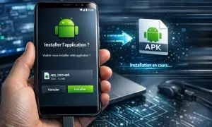 Installation d'un fichier apk android sur un smartphone. L'écran affiche "Installer l'application ?" avec les options "Annuler" et "Installer".
