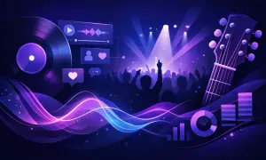 Visualizing the elements to build a music website: a vinyl record, sound waves, a guitar, and a concert crowd.