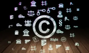 Centralny symbol to znak praw autorskich ©. Otaczają go rysunki związane z prawem i sprawiedliwością: paragrafy, wagi, budynki sądów, policjanci, samochody policyjne, kajdanki, pistolety, paszporty, książki z napisem "LAW" i maszyny do pisania.