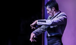 Un hombre con traje a cuadros realiza un apasionado flamenco baile, con las manos extendidas y castañuelas.