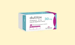Opakowanie leku Dutilox 30 mg, zawierającego duloksetynę. Pudełko informuje o 56 kapsułkach dojelitowych.