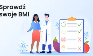 Lekarz mierzy pacjentkę taśmą, obok lista z produktami: jabłko, banan (zalecane), burger, frytki (niezalecane). Sprawdź swoje BMI.