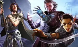 Trzy postacie z Baldur's Gate 3: elfka z laską, mężczyzna rzucający zaklęcie i goblin z mieczem. Gra dostępna na Switch.