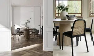 Två eleganta matplatser med runda bord och stolar. Perfekt för att dekorera runt matbordet med stil.