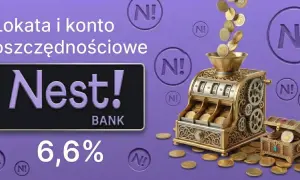 Złota maszyna do liczenia monet, skrzynia skarbów i logo Nest Bank z oprocentowaniem 6,6%.