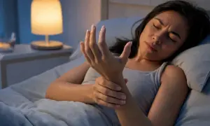 Donna a letto con polpastrelli addormentati, preoccupata per la circolazione.