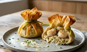 Deux petits sacs croustillants de pâte filo, l'un garni de Saint-Jacques et l'autre mystérieux. Une recette entrée originale et raffinée.