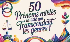 50 prénoms mixtes qui transcendent les genres ! Une liste colorée avec des symboles de diversité et d'égalité.