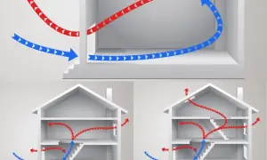 Illustration av luftflöden i hus. Blå pilar visar kall luft in, röda visar varm luft ut. Viktigt för att undvika att **radon farligt** samlas.