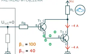 Schemat dwutranzystorowy z oznaczeniami napięcia, rezystancji i prądów.