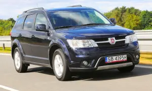 Ciemnoniebieski Fiat Freemont jedzie po drodze, otoczony zielenią i błękitnym niebem.