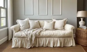 Przytulne wnętrza w stylu shabby chic: kremowa kanapa z falbaną, lniane poduszki i pled.