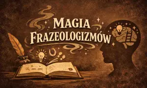 Magia frazeologizmów w głowie, gdzie wiedza rośnie jak na drożdżach. Księga, pióro i podkowa symbolizują bogactwo języka.