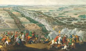 Stridande arméer i en vidsträckt slätt, med kavalleri i förgrunden. Karl XII leder sina trupper i en avgörande strid.