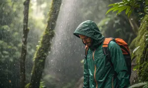 Ein Mann mit Rucksack wandert im Regen. Seine grüne Nylonjacke hält ihn trocken, aber unter der Kapuze schwitzt man in Nylon.