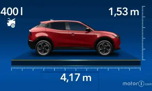 Le dimensioni dell'Alfa Romeo Junior: 4,17 m di lunghezza, 1,53 m di altezza e 400 litri di bagagliaio.