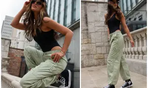 Kobieta w czarnym body i zielonych bojówkach, idealne jakie buty do bojówek? Czarne trampki Converse.