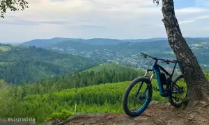 Rower górski czeka na przygodę na trasie rowerowej Skoczów Wisła. Widok na Beskidy zapiera dech w piersiach.