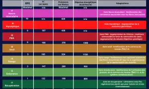 Tableau comparant les zones d'entraînement pour la course à pied : RPE, FC, puissance, dépense énergétique et adaptations. La fréquence cardiaque course varie selon l'intensité.