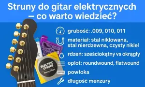 Główka gitary elektrycznej z widocznymi strunami. Obok lista cech strun: grubość, materiał, rdzeń, oplot, powłoka, długość menzury.